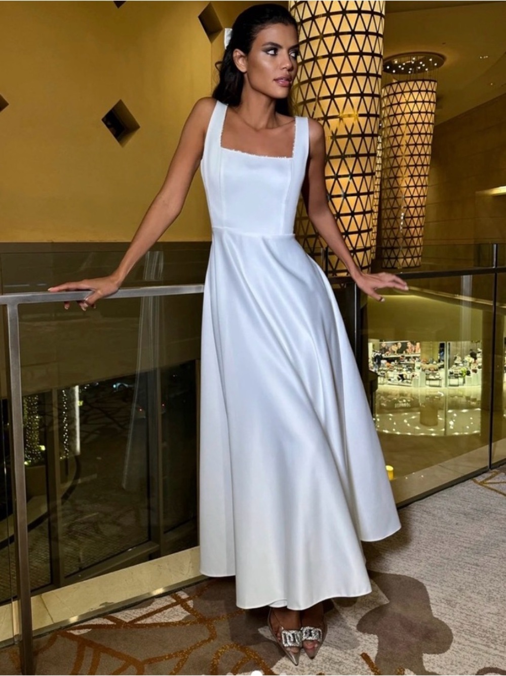 Square-Neck White Midi Dress with A-Line Skirt